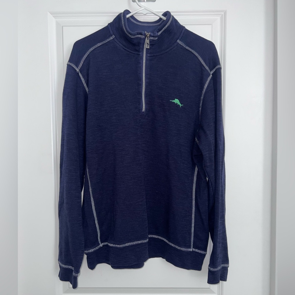 Tommy Bahama Sweater Navy Blue Quarter Zip Casual Mens Size L Pima Cotton Logo